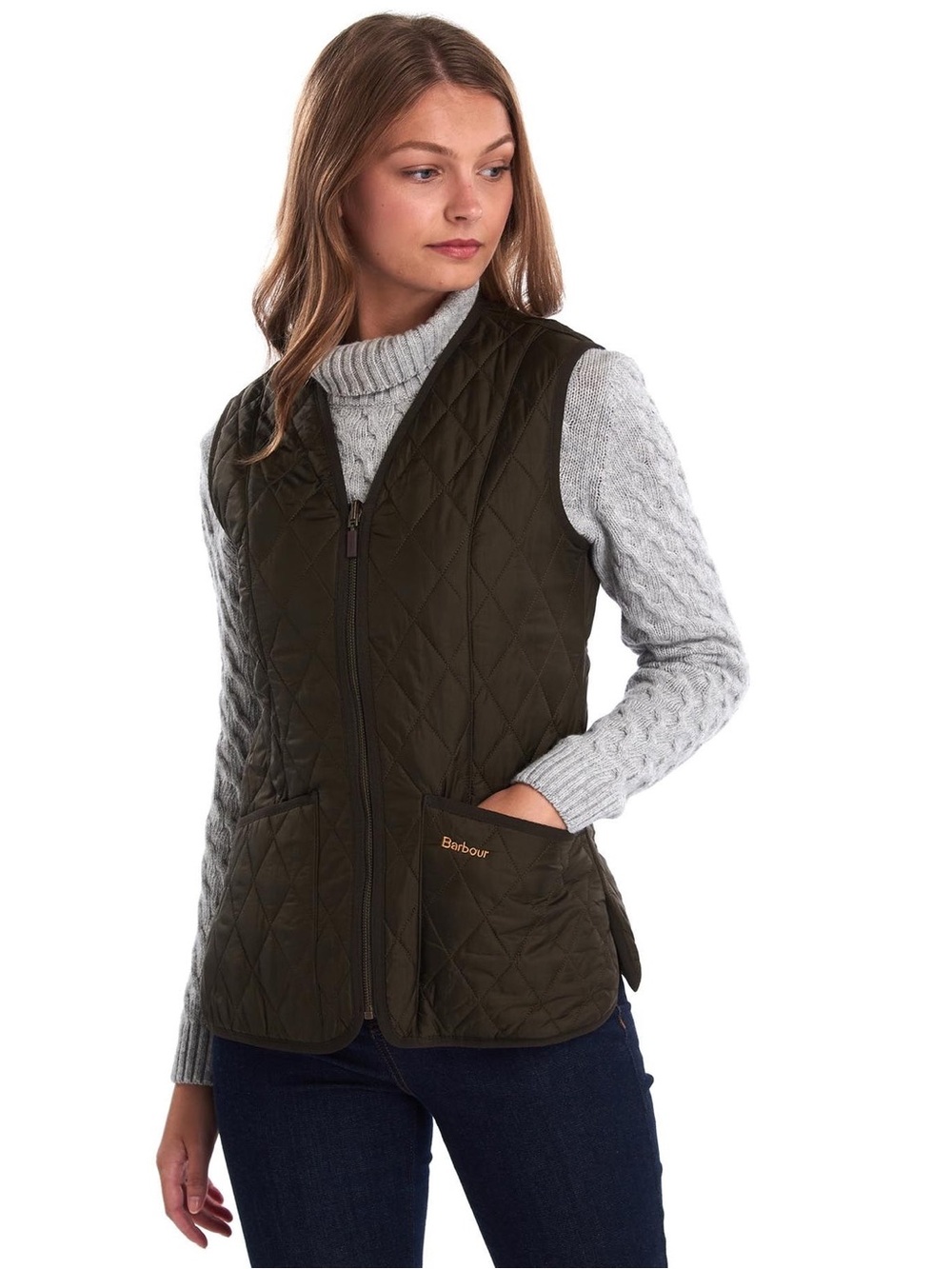 Barbour Quilted Betty Interactive Vest Women Olive size 4 Diamond Stitch Zip Up